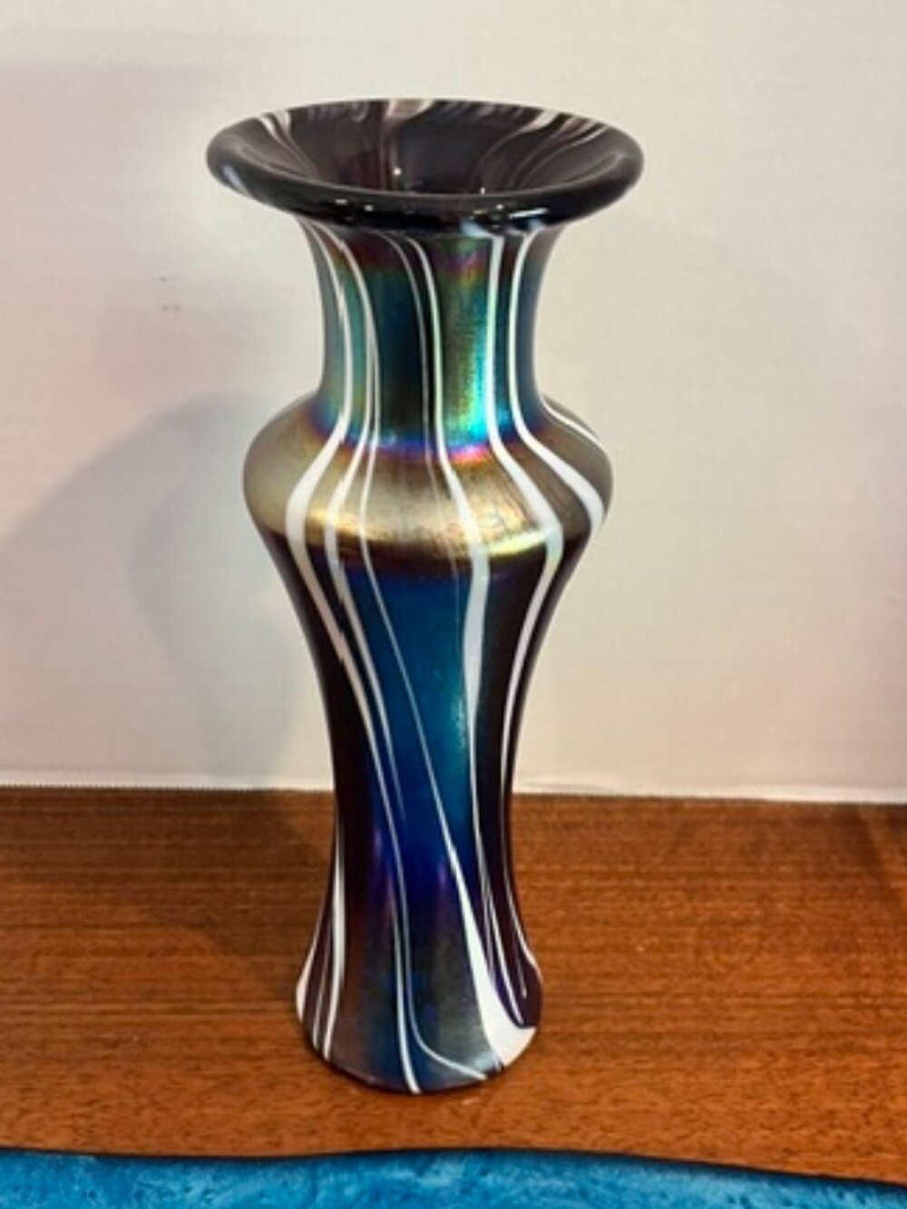Glass Magic Blue Iridescent Art Glass Pulled Stripe 9.5" Vase Signed